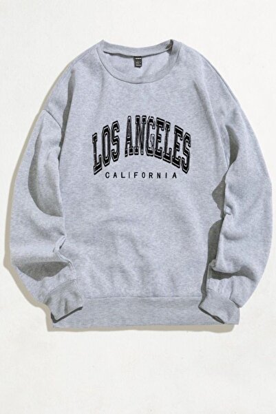 DUBU BUTİK Hanorac cu design text Los Angeles - Gri Imprimat Oversize Gros Ia...