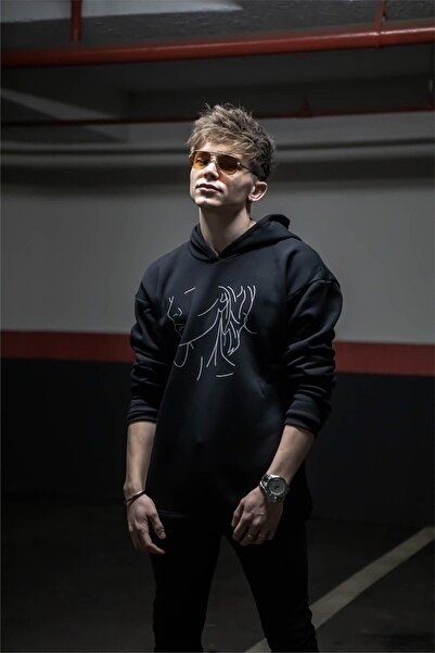 DUBU BUTİK Φούτερ Cartoon Face - Μαύρη στάμπα Oversize Hooded