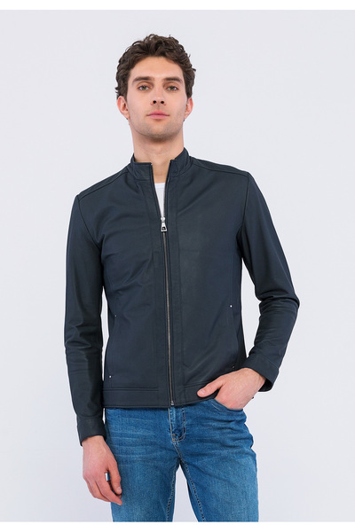 Basics&More Men's Classic Zippered Genuine Navy Blue Taffeta Leather Jacket -...