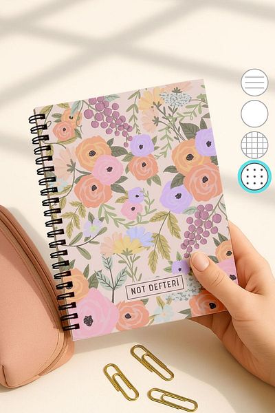 Eldesen Tasarım A5 Spiral Dotted School Notebook, 50 Sheets 100 Pages, Cardboard Cover Notepad, Cotton Candy