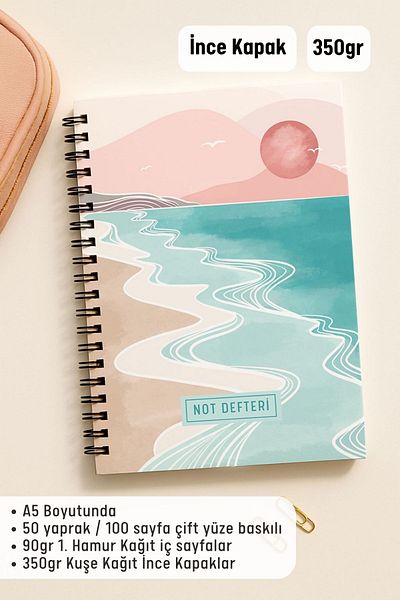 Eldesen Tasarım A5 Spiral Dotted School Notebook, 50 Sheets 100 Pages, Cardboard Cover Notepad, Pink Boholo