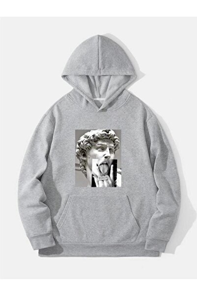 DUBU BUTİK Hanorac gri oversize cu glugă Sculpture Hand - Imprimat