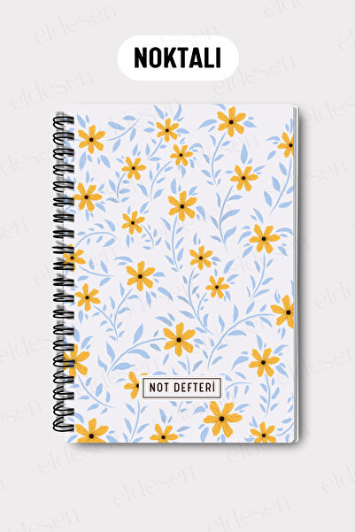 Eldesen Tasarım A5 Spiral Dotted School Notebook, 50 Sheets 100 Pages, Cardboard Cover Notepad, Daisy