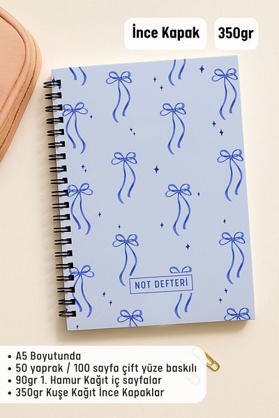 Eldesen Tasarım A5 Spiral Dotted School Notebook, 50 Sheets 100 Pages, Cardboard Cover Notepad, Blue Bow