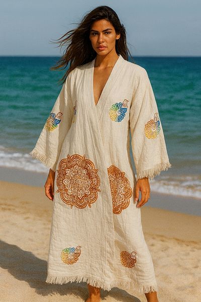 LaraLisa 4 Layers Natural Muslin Cotton Fabric Chemical Treatment Unprocessed Hand Printed Kaftan Kimono Peshtemal Bathrobe