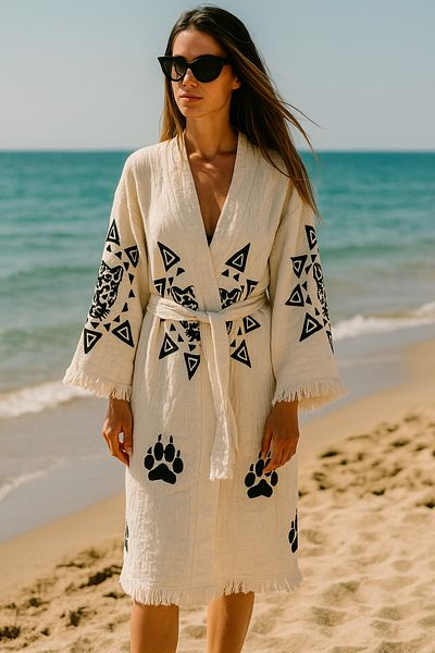 LaraLisa 4 Layers Natural Muslin Cotton Fabric Chemical Treatment Unprocessed Hand Printed Kaftan Kimono Peshtemal Bathrobe