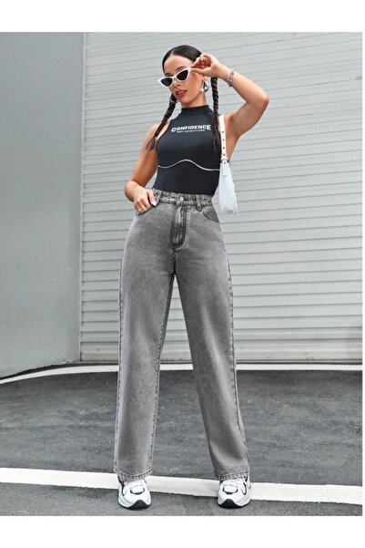 pass&pass 2021 Pantaloni din denim Lycra pentru femei, stil Palazzo, afumati