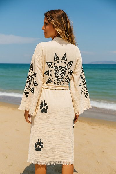 LaraLisa 4 Layers Natural Muslin Cotton Fabric Chemical Treatment Unprocessed Hand Printed Kaftan Kimono Peshtemal Bathrobe