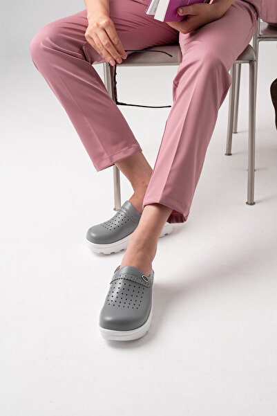 ÇİZGİ MEDİKAL Gray Gold Fit Genuine Leather Women's Sabo Slippers Orthopedic Doctor Nurse Hospital Slippers