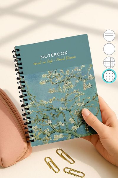 Eldesen Tasarım Van Gogh A5 Spiral Dotted School Notebook, 50 Sheets 100 Pages, Cardboard Cover Notebook, Almond