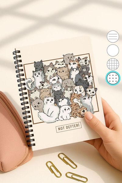 Eldesen Tasarım A5 Spiral Dotted School Notebook, 50 Sheets 100 Pages, Cardboard Cover Notepad, with Cat