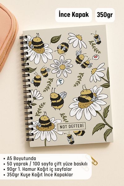 Eldesen Tasarım A5 Spiral Dotted School Notebook, 50 Sheets 100 Pages, Cardboard Cover Notepad, with Bee