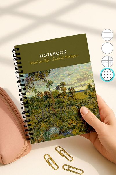 Eldesen Tasarım Van Gogh A5 Spiral Dotted School Notebook, 50 Sheets 100 Pages, Cardboard Cover Notebook, Sunset