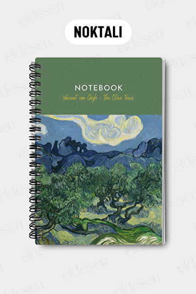 Eldesen Tasarım Van Gogh A5 Spiral Dotted School Notebook, 50 Sheets 100 Pages, Cardboard Cover Notepad, Olive