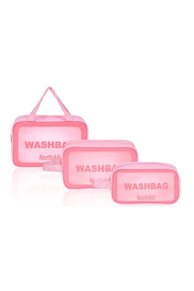 NorthAK 3'lü Set Şeffaf Seyahat Makyaj Çantası - Kozmetik ve Makyaj Çantası 3 Adet Washbag Pembe