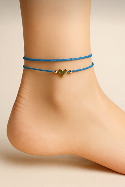 Femenino 2'li gold kalp figürlü mavi ip şans halhal