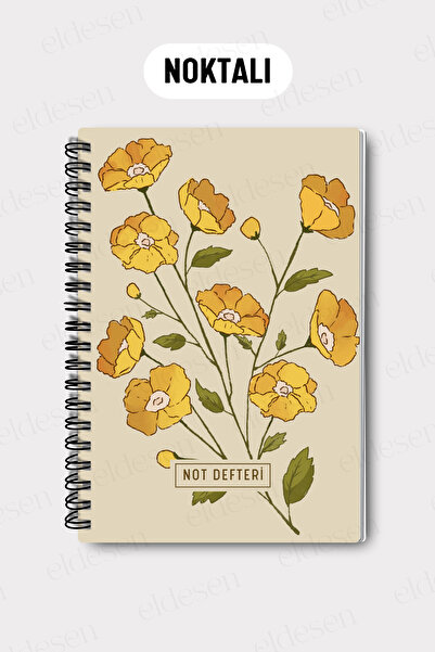 Eldesen Tasarım A5 Spiral Dotted School Notebook, 50 Sheets 100 Pages, Cardboard Cover Notepad, Orange Flower