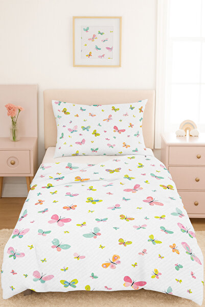 HOMESSA Kelebekli Tek Kişilik Pike Yatak Örtüsü Yastık Kılıflı