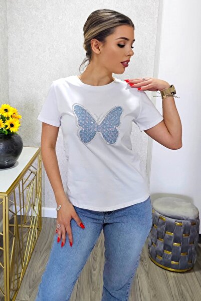 FashionForYou AMOO cotton T-shirt, with print and handmade crystals, Butterfly WHITE, S/M