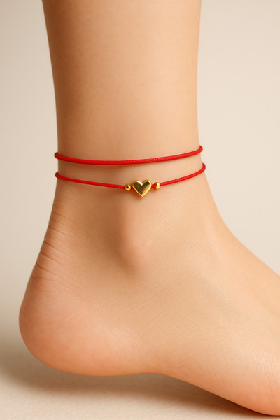 Femenino 2’li gold kalp figürlü kırmızı ip şans halhal
