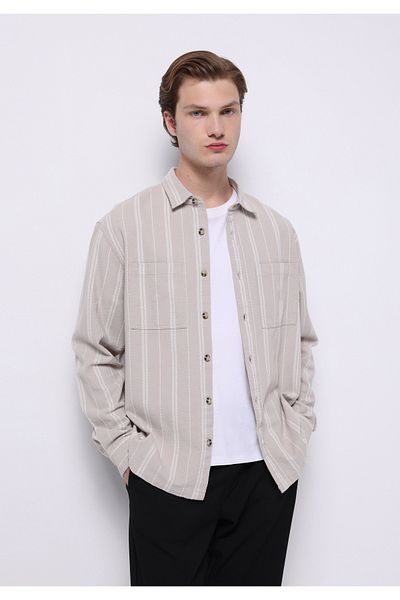 Colin's Regular Fit Shirt Neck Striped Men's Beige Long Sleeve Shirt
