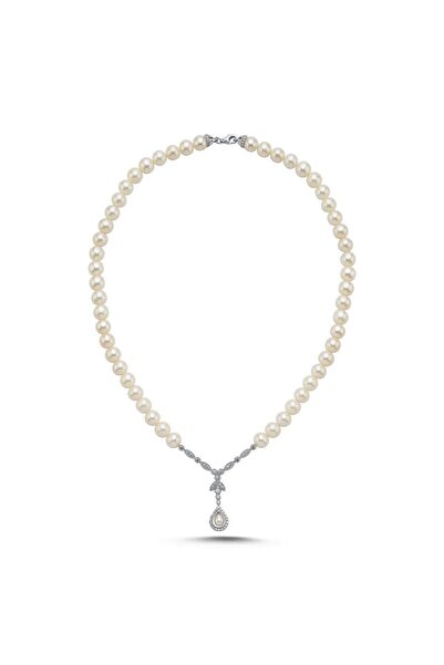 Birinci1926 925 Ayar Gümüş Kadın Damla Taşlı Doğal Incili Kolye