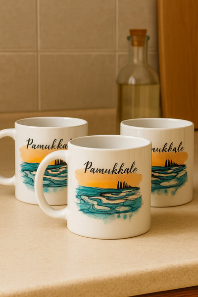 çokaş مجموعة من 3 أكواب قهوة بورسلين بطبعة باموكالي