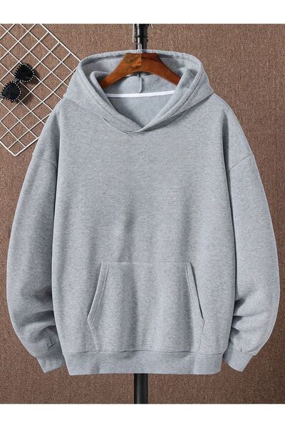 Sweetline Απλό Basic Φούτερ - Γκρι Oversize Χειμερινή Χοντρή Κουκούλα
