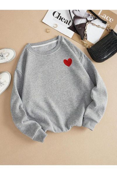 Sweetline Hanorac cu inimă roșie - Linge de inimă imprimat gri de iarnă supradimensionat