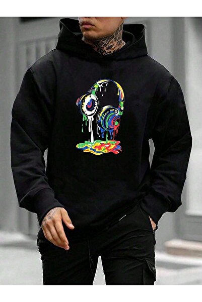 Sweetline سويت شيرت بقلنسوة أسود اللون مطبوع عليه سماعة رأس للجنسين