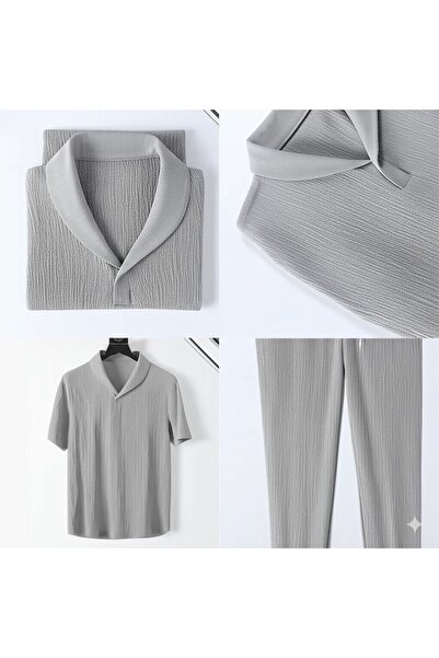 Fifty Color Alaçatı Style Men's Wrinkled Crinkle Fabric Summer Lycra Polo Collar Tshirt and Sweatpants Suit Combination