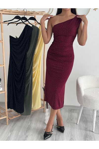 badibadii Rochie de damă din țesătură modală cu fantă, cu un singur umăr, rochie de piatră drapată bordeaux