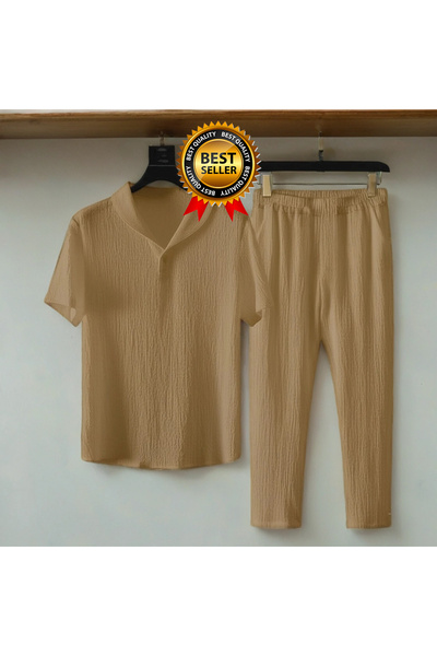 Fifty Color Alaçatı Style Men's Wrinkled Crinkle Fabric Summer Lycra Polo Collar Tshirt and Sweatpants Suit Combination