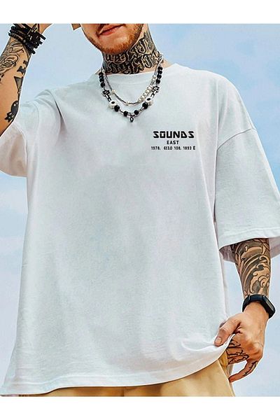 CLAYES Мъжка бяла овърсайз плетена тениска с принт Sea Son