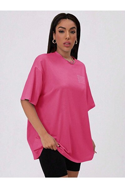 CLAYES Μπλουζάκι με κοντό μανίκι με ροζ αλφάβητο με στάμπα Oversize Crew Neck