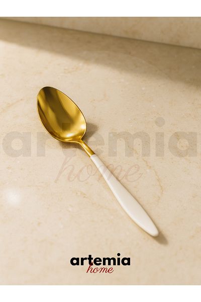 DMR LİFE Gold Dine White 6 Piece Dessert Spoon |   Gold |   6 People |   18/10 Stainless Steel