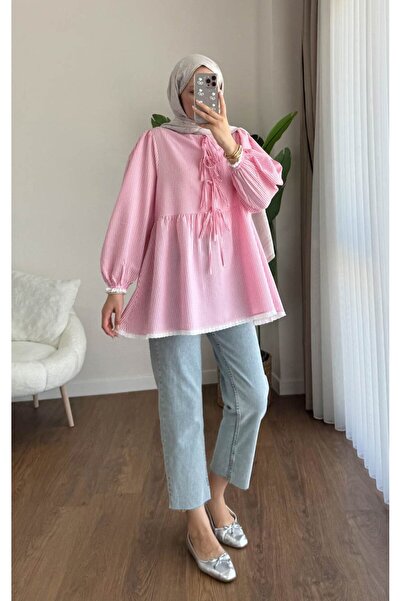 Chef d'atelier Women's Guipure and Lace Detailed Striped Seersucker Tunic