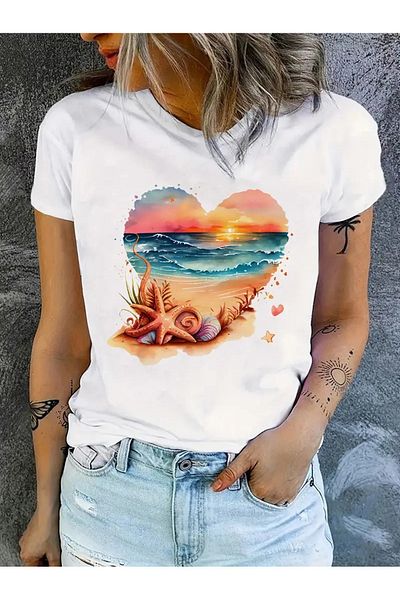 CLAYES Beach Heart Printed White Cotton T-Shirt - Oversize Crew Neck Short Sleeve T-Shirt