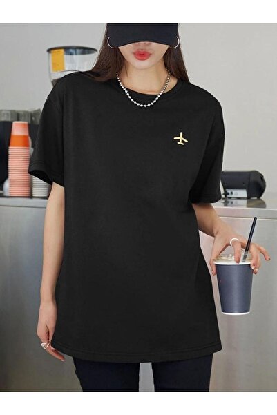 CLAYES Чорна оверсайз футболка з логотипом літака - велосипедний комір