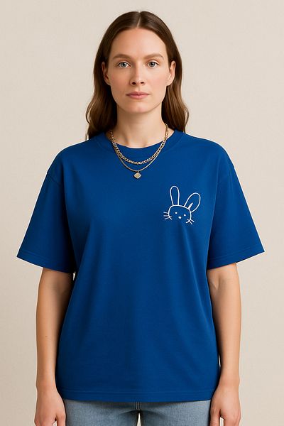 CLAYES Women's Rabbit Printed Oversize Saks Blue T-Shirt
