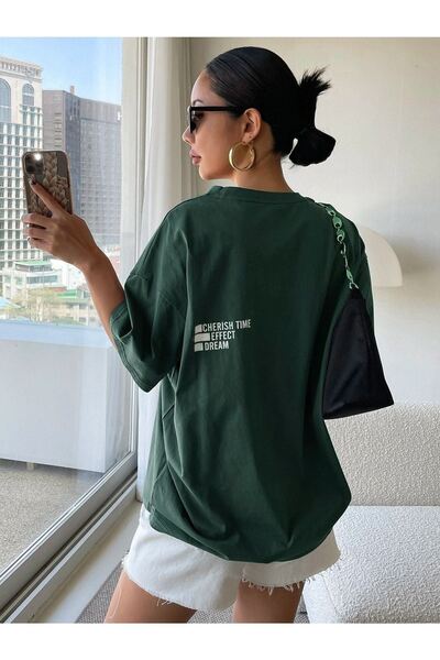 CLAYES Cheerish Effect T-shirt - Yeşil Oversize Baskılı Bisiklet Yaka