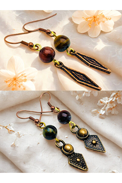 ayrestyle Tiger Eye & Tiger's Eye Natural Stone 2-Piece Earring Set with Dangle - Ornate - 5 cm - Baklava Apparatus