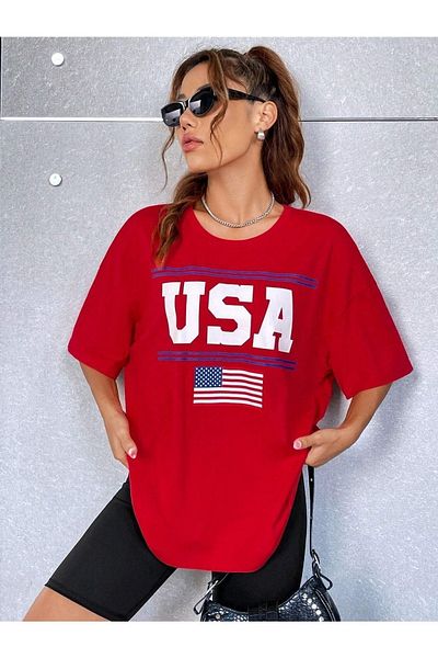 CLAYES Μπλουζάκι Usa Flag - Κόκκινο Oversize Printed Crew Neck