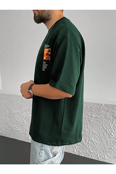 CLAYES Green Oversize Printed Beach T-Shirt - Crew Neck, Short Sleeve