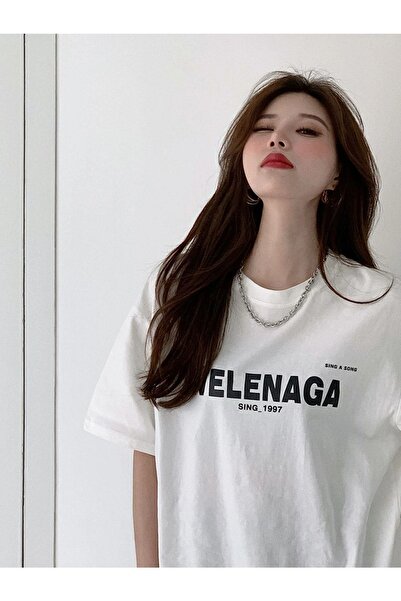 CLAYES Λευκό εμπριμέ Oversize T-Shirt Welenaga - Crew Neck, κοντό μανίκι