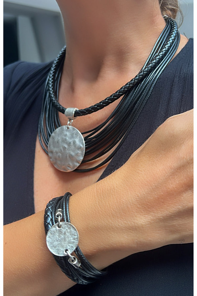 Kutcha Accessories Siyah Çoklu Deri Kordonlu Kolye ve Bileklik Seti – Gümüş R...