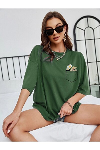 CLAYES Μπλουζάκι με στάμπα με λεπτομέρεια τσέπης - κοντό μανίκι με πράσινο Oversize Crew Neck