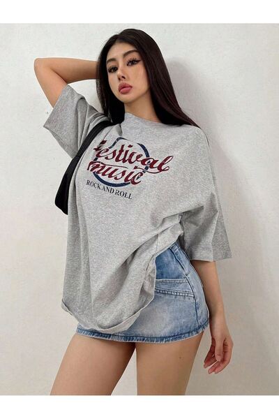 CLAYES Festival Music Single Jersey T-Shirt - Gray Printed Oversize Crew Neck T-Shirt