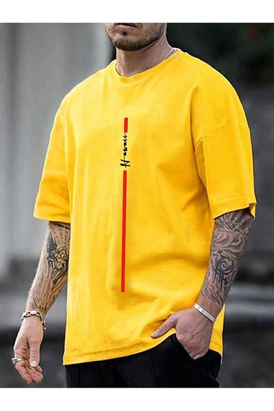 CLAYES Tricou din jerseu cu inscripție verticală - Tricou cu mânecă scurtă supradimensionată, cu mânecă scurtă, cu imprimeu galben