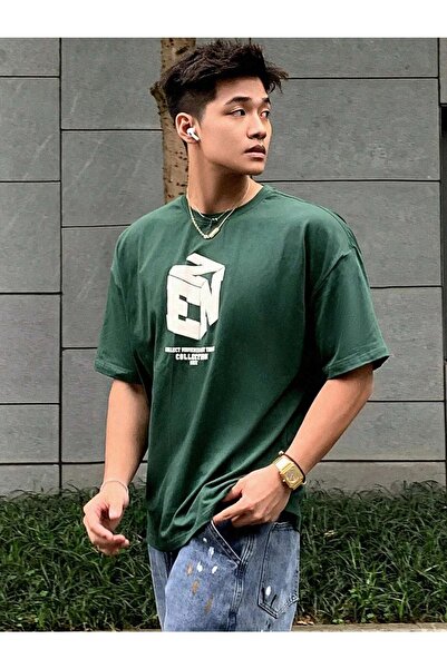 CLAYES Unisex Green Oversize Ezn Printed T-shirt - Oversize Printed